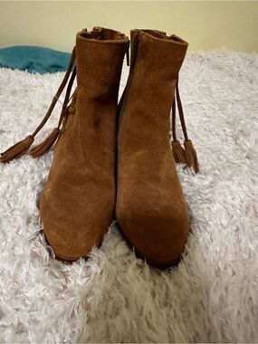 Tassel Suede Ankle Booties - Brown